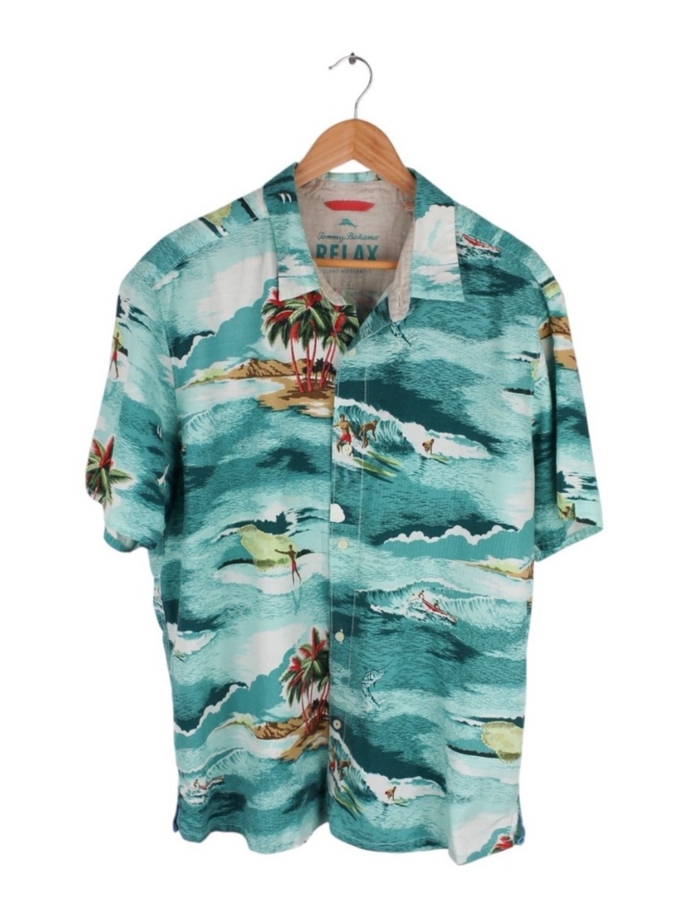 Tommy Bahama Relax Shirt Mens Large Blue Hawaiian‎ Surf Print Island Modern Fit